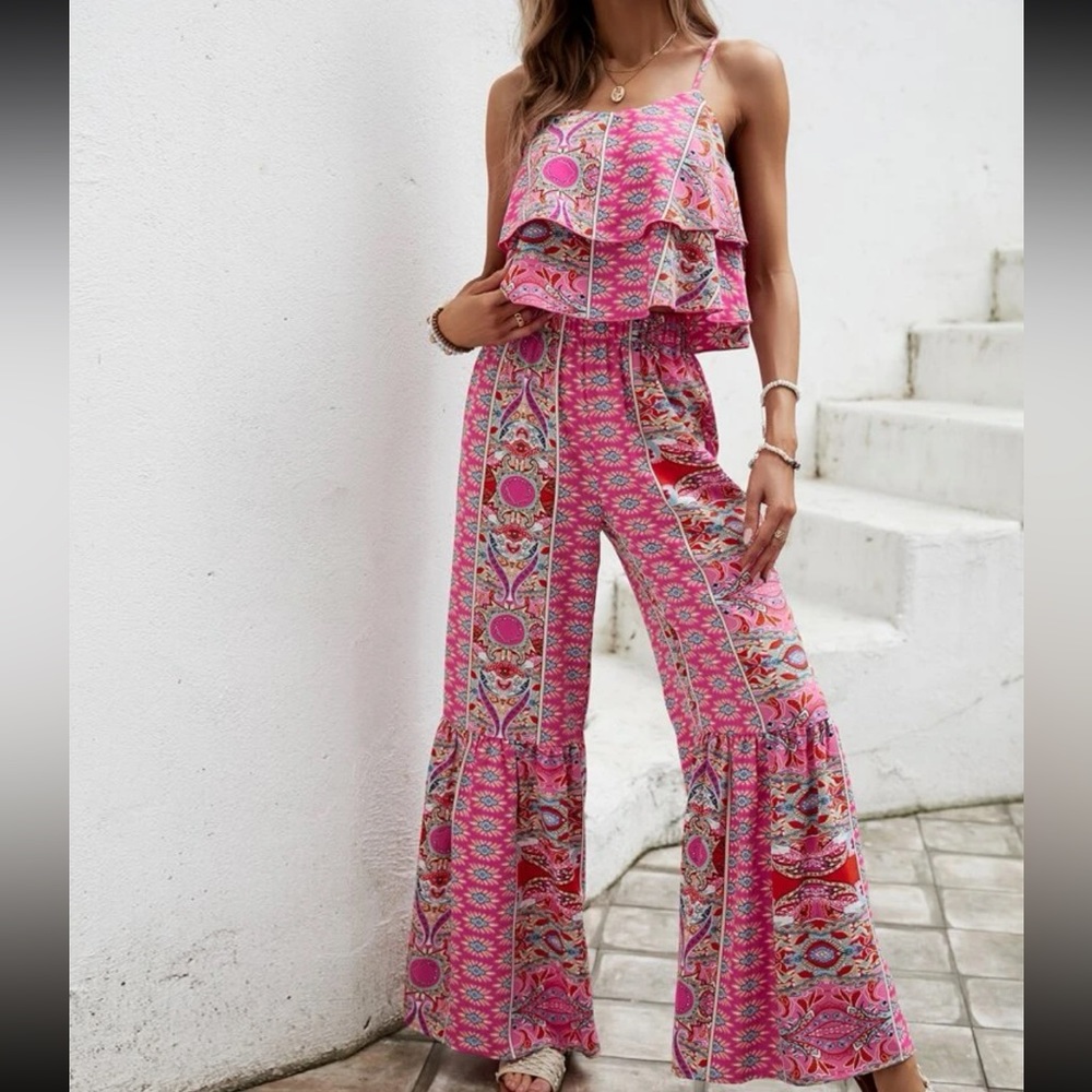 Boho Floral Paisley Ruffle Print Wide Leg Palazzo Pants Crop Cami Top Set Pink - Picture 4 of 9